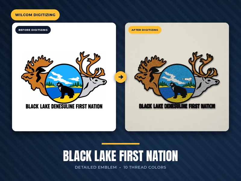 Black Lake Denesuline First Nation emblem – original artwork and stitched embroidery preview