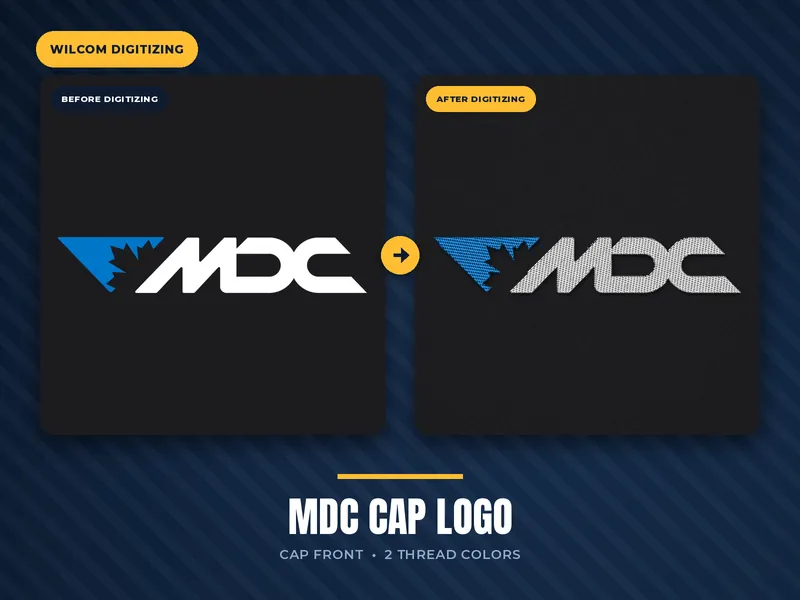 MDC cap logo – original artwork and stitched embroidery preview