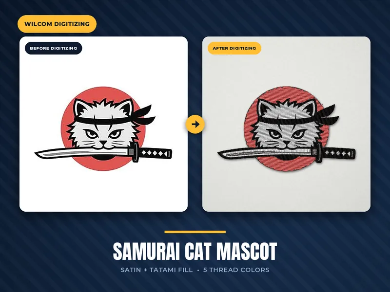Samurai cat mascot – original artwork and stitched embroidery preview