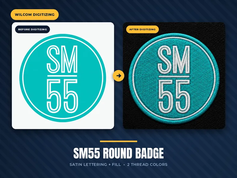 SM55 round badge – original artwork and stitched embroidery preview